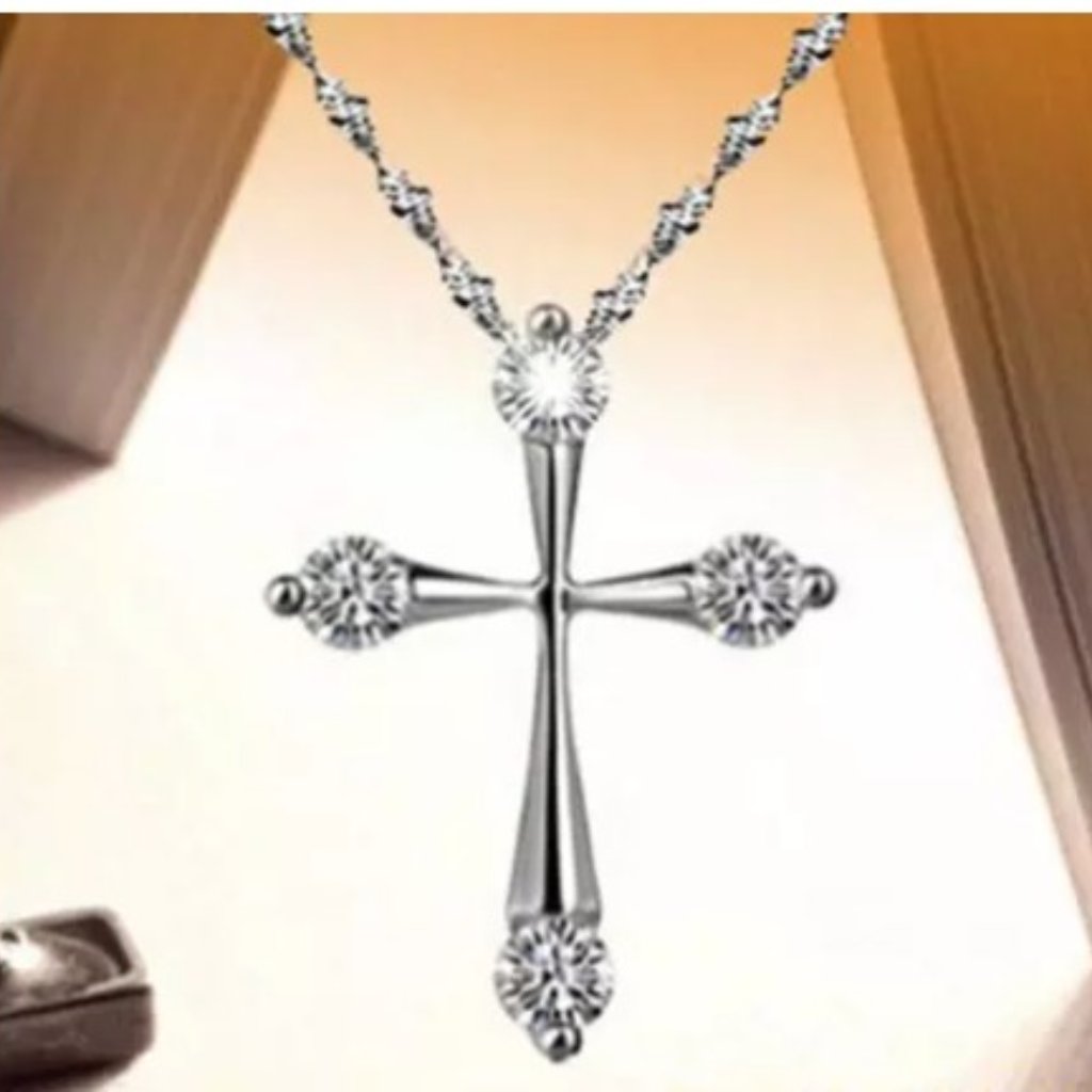Beautiful Cross With Crystals Silver Necklace